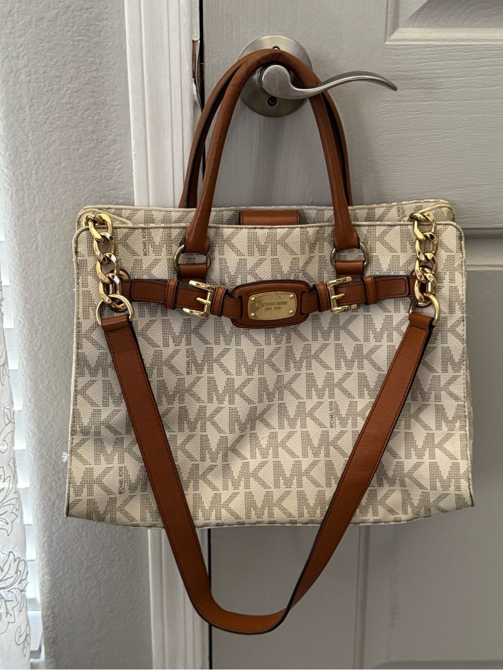 Michael Kors Beige Logo Tote with Brown Leather Trim and Gold Hardware
